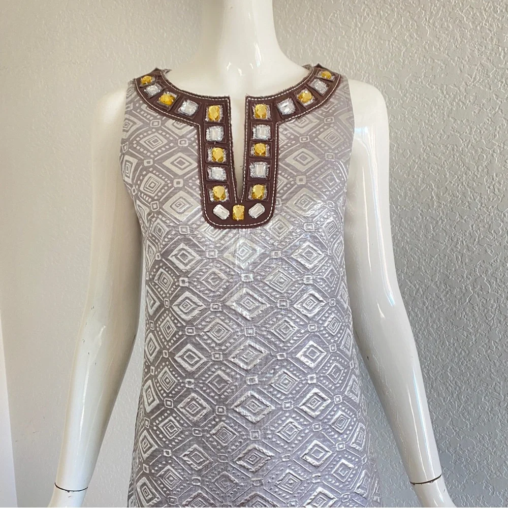 Tory Burch Jeweled V-neck Sheath Rosario Dress Sleeveless Silver Metallic